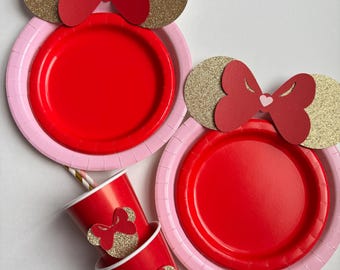 Minnie Mouse Valentine's Day Party Decor: Red, Pink & Gold Plates, Cups, Straws