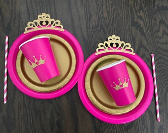 10 PRINCESS Hot Pink Gold Glitter crown royal  Birthday Table set plates straws cups 3d