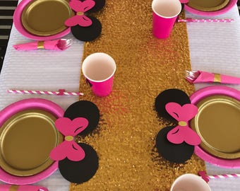 Hot Pink Minnie Mouse Birthday Decor, Table set, plates straws cups, birthday decoration, utensils, gold glitter, fuschia