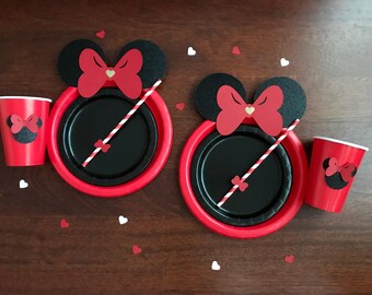 10 RED and Black Gold Glitter Minnie Mouse Birthday Table decoration set plates straws cups Christmas