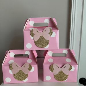 Favor Box Goodie bags Minnie Mouse Polka dots birthday Gold pink, gable Minnie gift box, favors birthday
