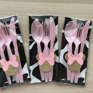 Minnie Mouse Birthday Utensil Set: Farm Cow Print Napkin, Pink Cutlery