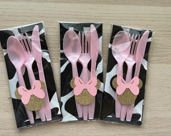 Minnie Mouse Birthday Utensil Set: Farm Cow Print Napkin, Pink Cutlery