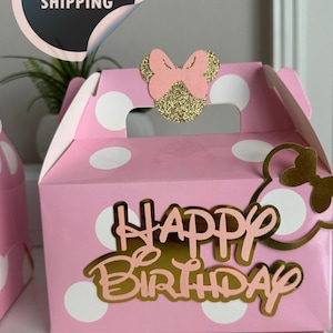 Favor Box Polka dot pink Minnie Mouse Happy Birthday glitter, goodie bag, gable box  Minnie gift, favors happy birthday, Minnie favors