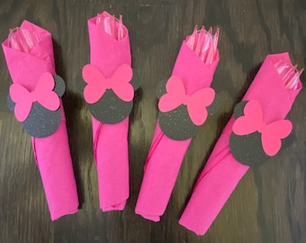 UTENSILS Hot Pink matching Minnie Mickey Mouse plates table fork spoon knife wrapped in napkin Pink gold