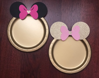 10 platos de POSTRE para mesa de cumpleaños de Minnie Mouse con purpurina dorada y rosa claro