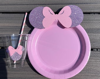 Pink Minnie Mouse Birthday Party Set: Glitter Plates & Cups