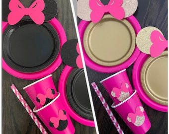 10 HOT PINK Fuchsia Gold Black Glitter Minnie Mouse Birthday Table set plates straws cups 3d