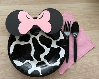 Farm Minnie Mouse Plates, Cow Print, Pink and Gold Glitter, Birthday Baby Shower