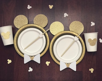Mickey Mouse Birthday decor, Table set plates, straws cups, white and gold, red Black disney decoration bow tie