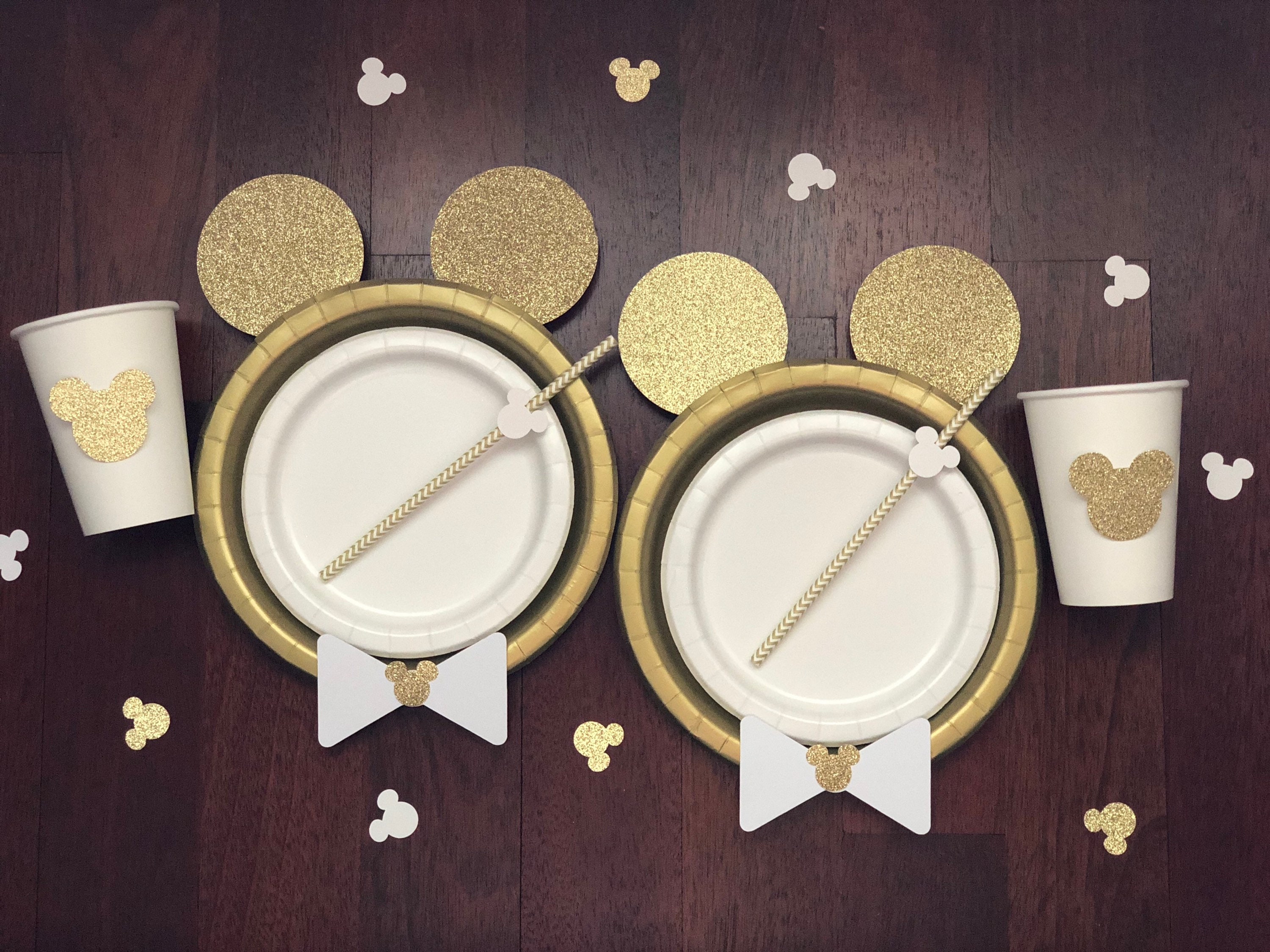 Mickey Mouse Birthday decor Table set plates straws cups white and gold red Black disney decoration bow tie