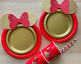 Red and Gold, Valentines, Minnie Mouse Birthday, Table set plates straws cups, birthday decoration Christmas