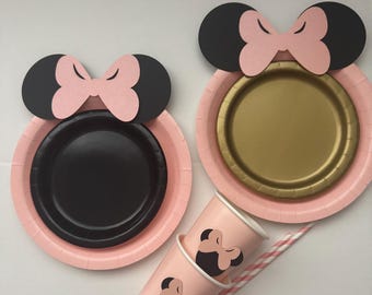 PASTEL Pink Black Glitter Minnie Mouse Birthday Table set plates straws cups table decor