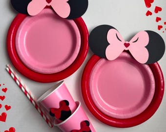 Red Pink Minnie Mouse Party Decor: Valentine's Day Plates, Cups, Straws