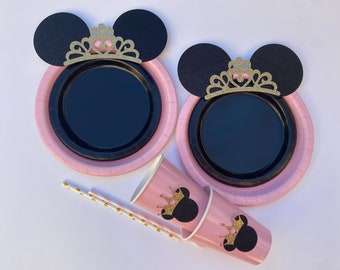 Princess Crown Minnie Mouse royal Birthday Table set plates decoration baby shower Pink Glitter
