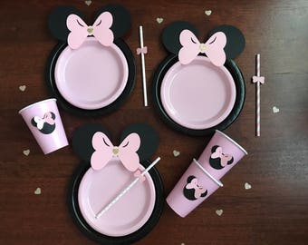 10 Black Light Pink Minnie Mouse Birthday Table set plates straws cups 3d red Mickey