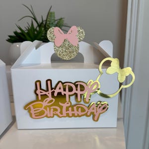 Favor Box Minnie Mouse Happy Birthday glitter, goodie bag, gable box  Minnie gift, favors happy birthday, pink and gold  Minnie favors