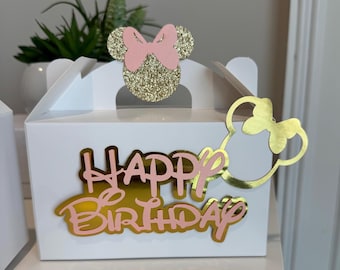 Minnie Mouse Favor Box: Pink & Gold Glitter Birthday Goodie Bag
