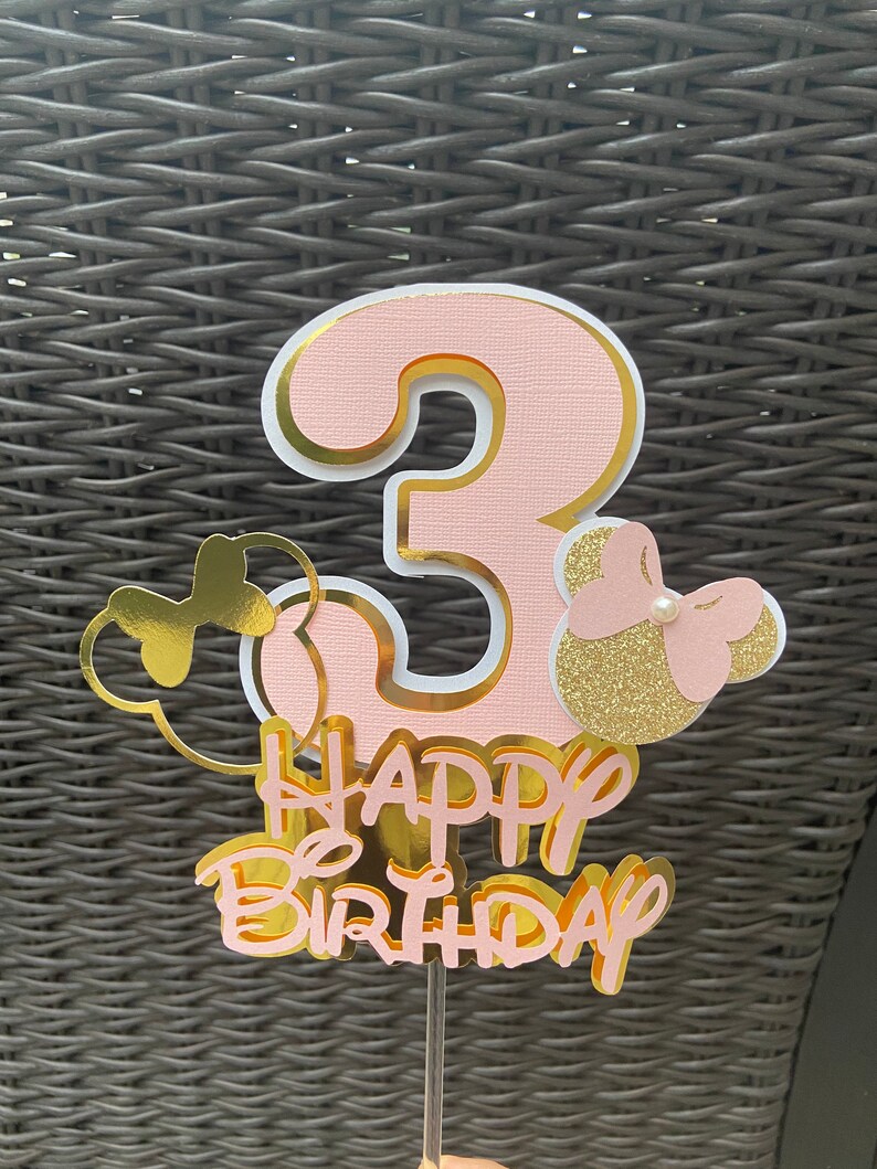 CAKE TOPPER Pink Gold number 3 Glitter Minnie Mouse Birthday Sweets table decoration