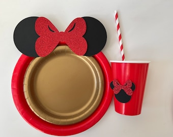 Glitter Minnie Mouse Birthday Party Set: Red and Gold Decor