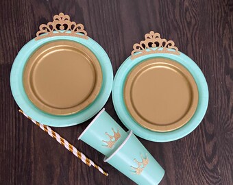 10 PRINCESS Mint Gold Glitter crown royal  Birthday Table set plates straws cups 3d