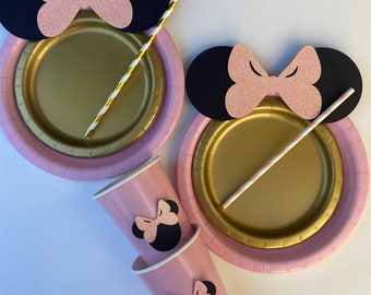 Set de fiesta de cumpleaños de Minnie Mouse con purpurina rosa y dorada