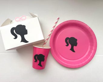 Doll Birthday Party Plates & Cups Set: Silhouette Tableware pink