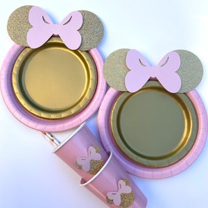 Gold Glitter Minnie Mouse Party Decor: Pink Plates, Cups & Straws