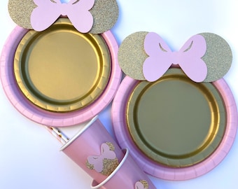 Gold Glitter Minnie Mouse Party Decor: Pink Plates, Cups & Straws