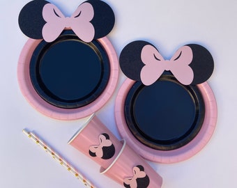 10 Pink Black Minnie Mouse Glitter Birthday Table set plates straws cups