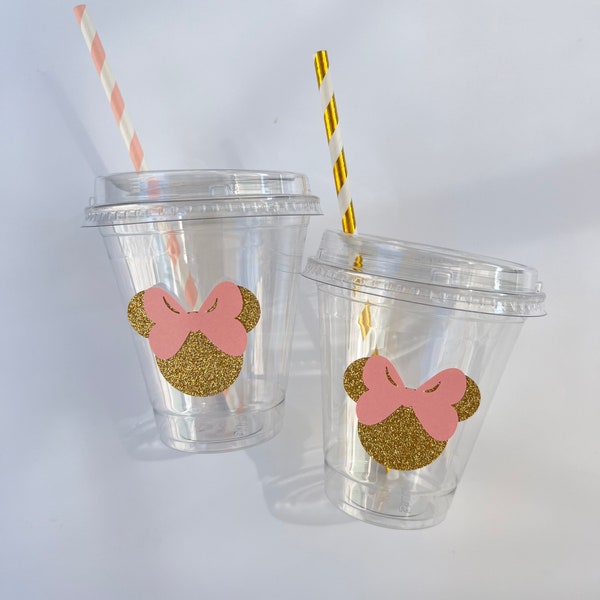 Minnie cups with lids birthday decor, Pink Gold Glitter Minnie Mouse decoration Table clear cups baby shower Boho