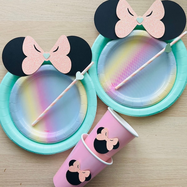 Rainbow Minnie Mouse Birthday Party Decor: Plates, Cups, Straws Table
