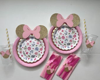 Minnie Mouse Party Supplies: Pink & Gold Floral Plates, Cups, Straws - Set of 10