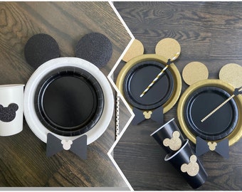 MICKEY Mouse Gold and black white Birthday Table set plates straws cups 3d red disney