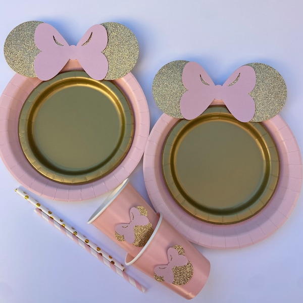 PASTEL Pink Gold Glitter Minnie Mouse Birthday Table set plates straws cups table decor