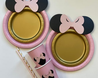 Pink Black Gold Minnie Mouse Birthday decoration Table set plates straws cups boho
