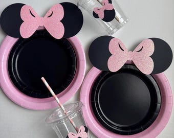 Glitter Pink Minnie Mouse Party Decor: Plates, Cups & Straws
