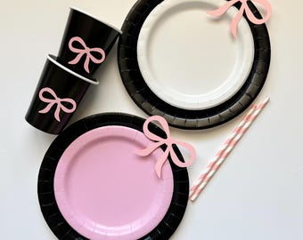 Coquette Bow Doll Party Set: Black, Pink Plates, Cups, Straws