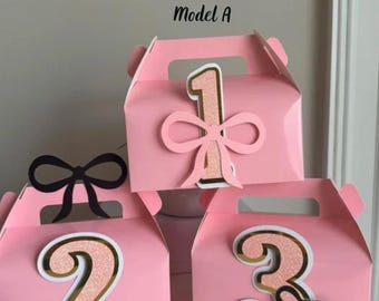 Bow Coquette Birthday Favor Boxes: Glitter Age 1-3, Set of 5