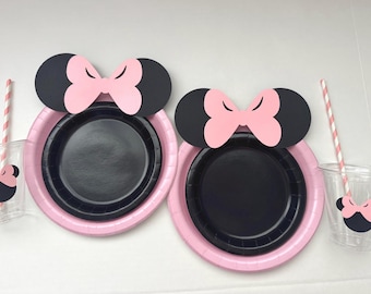 Pink & Black Minnie Mouse Birthday Party Set: 10 Plates, Cups, Straws