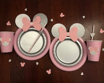 PINK and SILVER Minnie Mouse Birthday decoration, glitter, Table set plates straws cups, birthday decor