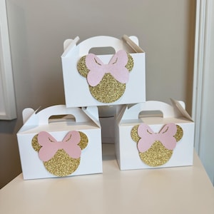 Minnie Mouse Birthday Favor Box: Pink Bow, Gold Glitter - Birthday Party (Set of 5)