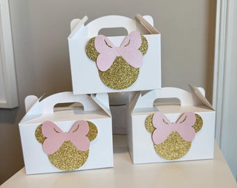 Minnie Mouse Birthday Favor Box: Pink Bow, Gold Glitter - Birthday Party (Set of 5)