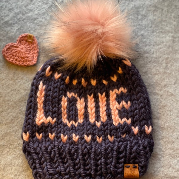 Love Beanie, Navy and Pink Winter Hat, Ladies Acrylic Beanie, Word Beanie, Soft Winter Toque, Warm Winter Hat, All You Need Is Love Beanie