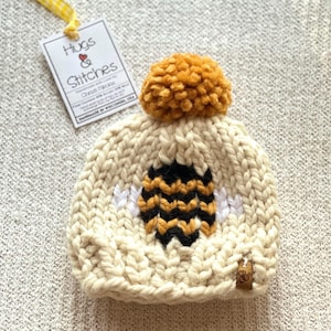 Hand Knit Newborn Bee Beanie: Ecru Baby Hat with Pom