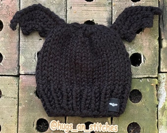 Bat hat, Bat Wing Beanie, Little Batty Beanie, Halloween Gift, Bat Hat costume, Hand Knit Bat Beanie, Gothic Bat Hat