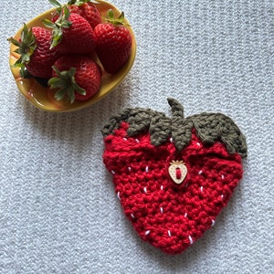 Bolsa de coração, porta-cartão de presente de coração de morango, coração de morango de crochê, coração vintage, presente para professor, presente para amigo, bolsa de frutas vermelhas