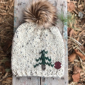 Ladies beanie with evergreen tree