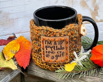 I’m A Fall Kind Of Girl Mug Cozy, Crochet Fall cup Cozy, Autumn Mug Cozy