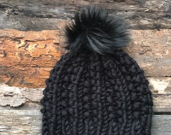 Child’s Black Winter Acrylic Beanie, Pom Hat, Unisex beanie, Boys Winter Hat, Girls Winter Hat, Black Beanie, Textured knit hat